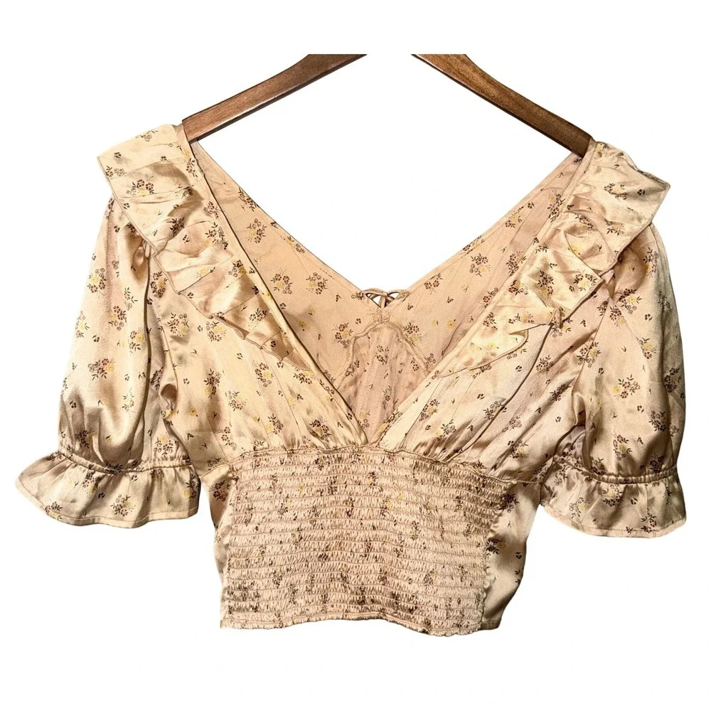 Free People Floral Milkmaid Top Small Satin Puff Sleeve Pintuck Cottagecore Gold